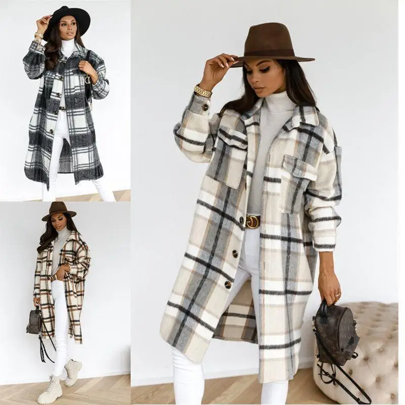 

2021 Spring Autumn New Temperament Classic Women's Wool Vintage Printing Blends Coats for Ladies Casual Retro Outerwear Women
