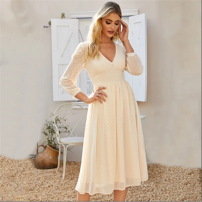 

Plus Size Fashion Vintage Women Dot Dress 2020 Spring Casual V-neck Long Sleeves Women Dress