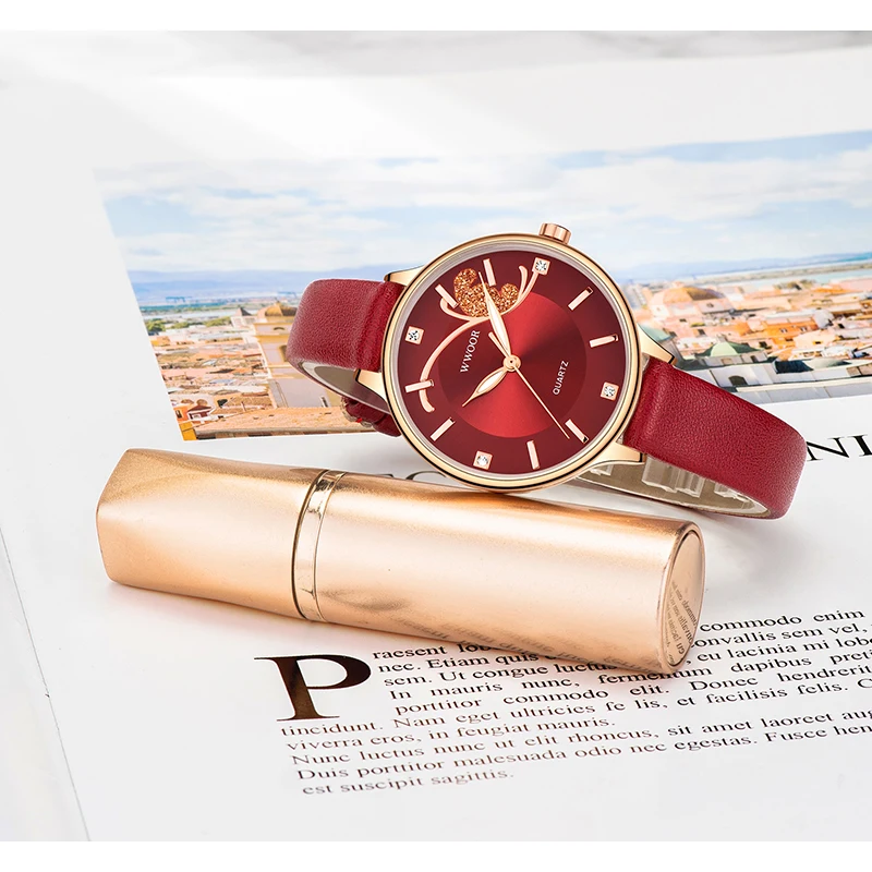 

WWOOR Top Brand Luxury Casual Women Watches Butterfly Geneva Watches Waterproof Red Leather Ladies Bracelet Watches Reloj Mujer