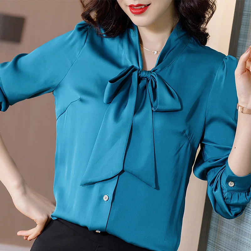 Women's Silk Shirt 2021 New Fashion Bow Collar Ol Blouse Natural Mulberry Top | Женская одежда