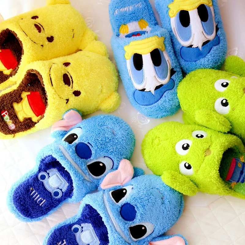 

Winter Autumn Warm Plush Slippers Disney Donald Duck Room Slipper Soft Stitch Winnie Alien Shoes Woman House Slippers 35-38cm