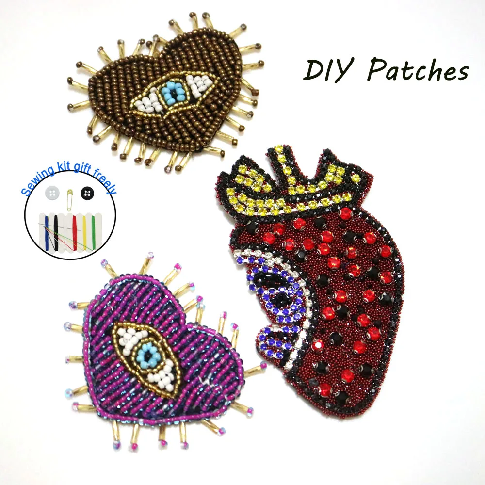 

Fashion Heart beaded embroidered Patches for Clothing sew on rhinestone parches Appliques Decoration Badge parche