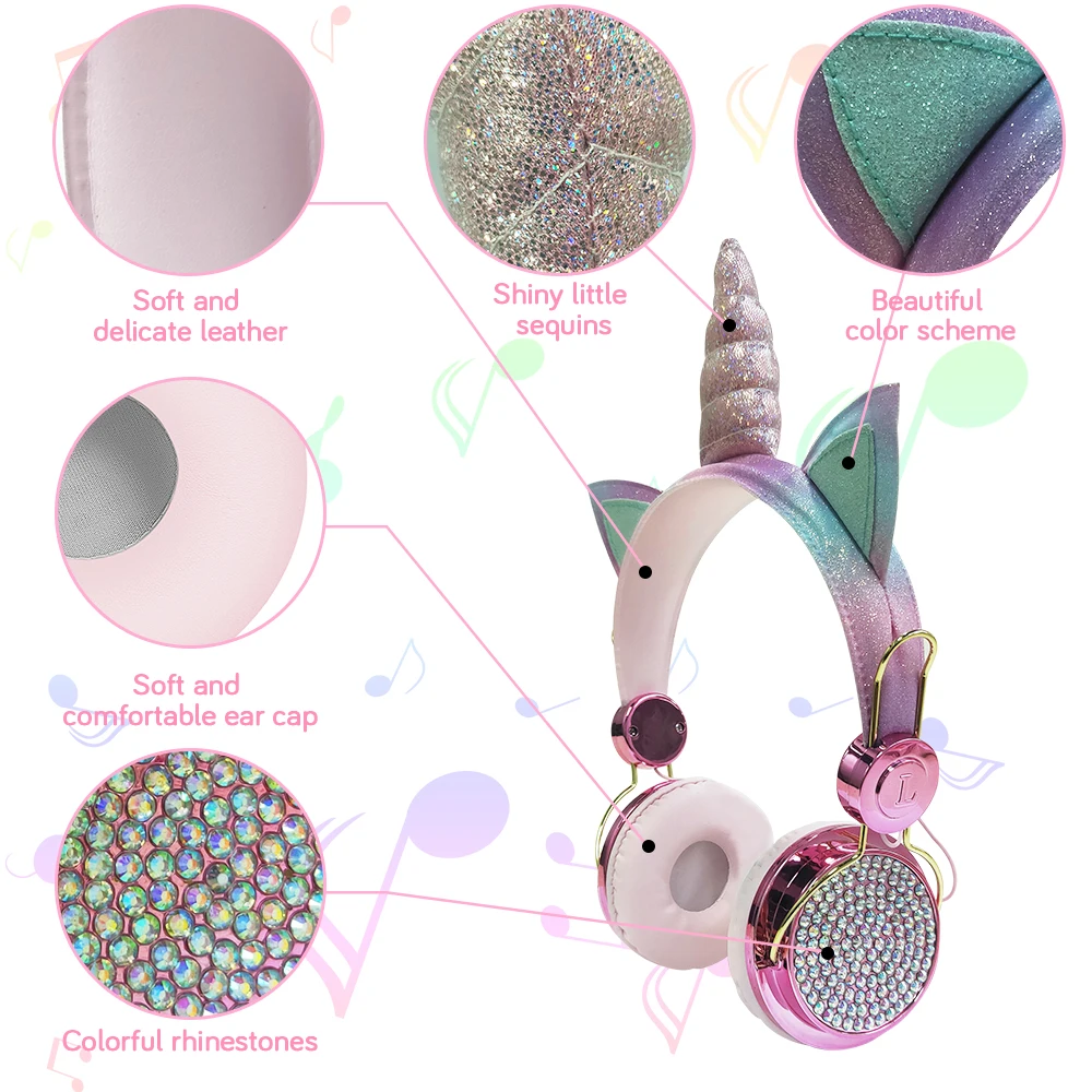 Funny Kids Headset Colorful Diamond Unicorn Headphones Music Stereo Wired Earphones With Gifts Box Christmas Brithday Gifts