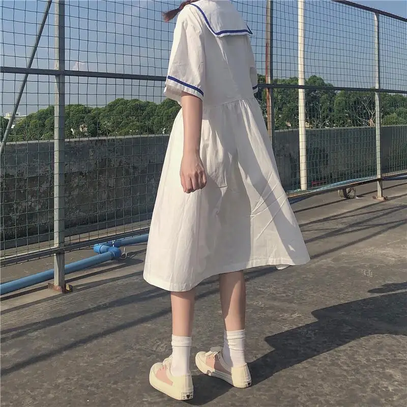 

HOUZHOU White Dress Women Summer 2021 Kawaii Dresses Navy Collar Loose Short Sleeve Preppy Style Patchwork Sundress Jk Outfits