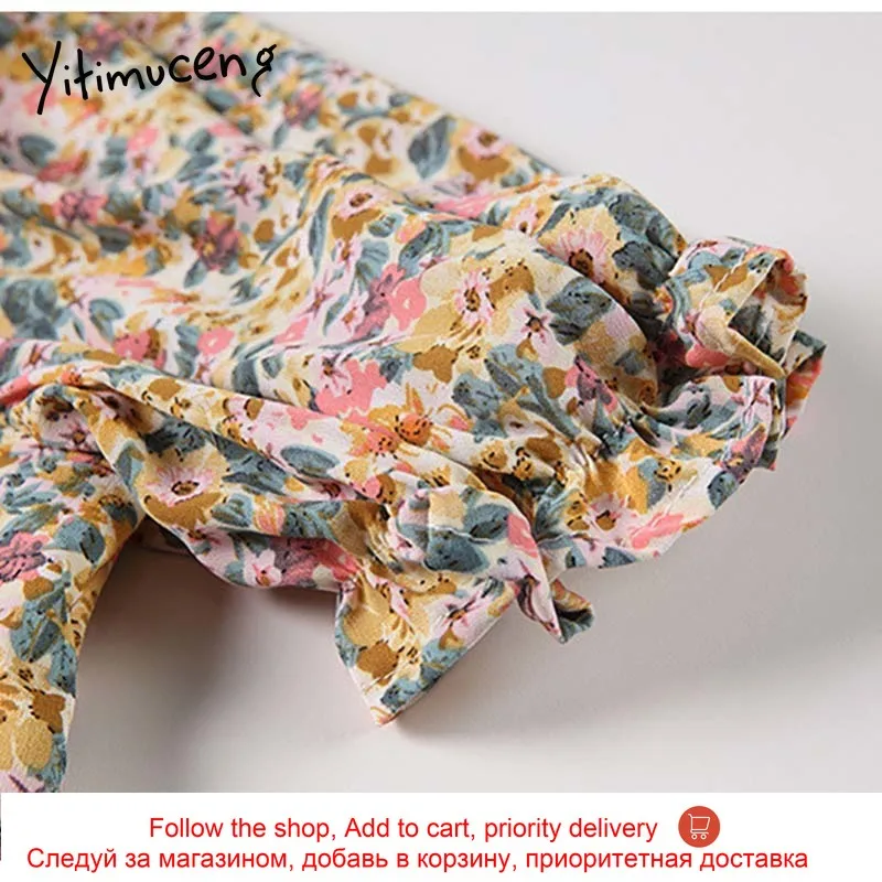 

Yitimuceng Ruched Dresses Women Summer with Shawl Puff Sleeve High Waist A-Line Blue Yellow Sundress 2021 Korean Fashion New