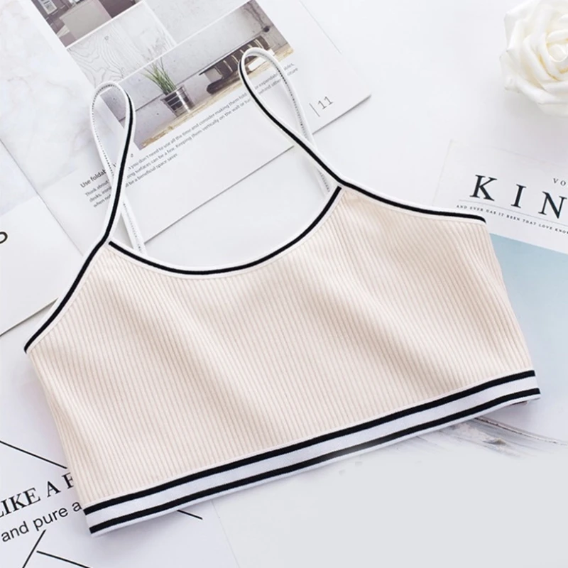 

Teenage Puberty Girl Sweet Candy Color Sport Training Bra Underwear Striped Patchwork Thread Ribbed Wireless Bralette Vest 8-16T