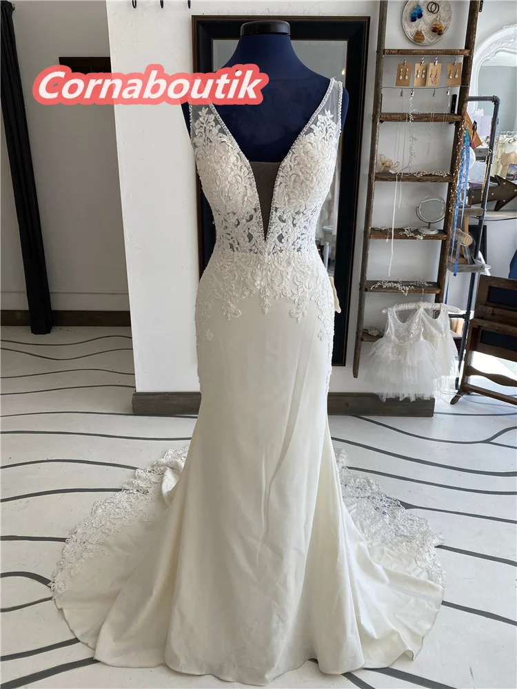 

2021 New Arrival Mermaid Wedding Dresses Plunging V Neckline Lace Appliques Beaded Low Back Crepe Bridal Gowns Vestido De Noiva