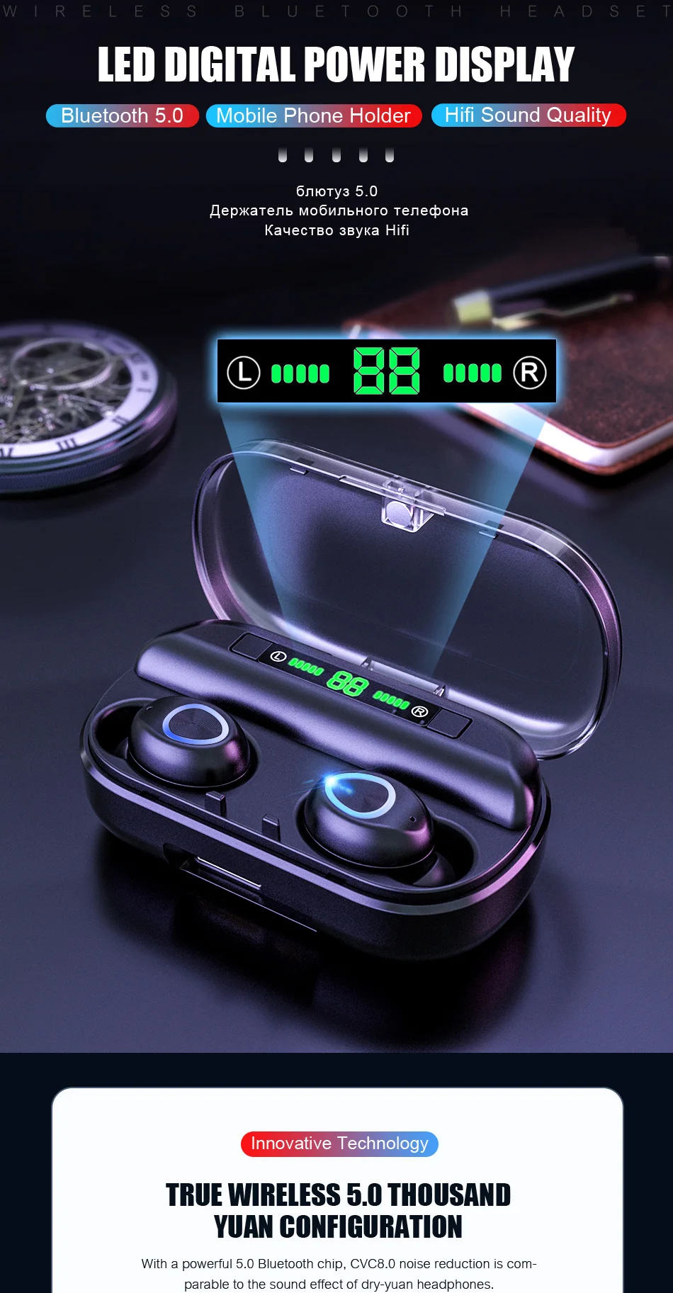 VOULAO Bluetooth наушники беспроводные Bluetooth V5.0 наушники 9D стерео спортивные водонепроницаемые наушники гарнитура с микрофоном+ зарядная коробка