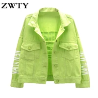 zwty autumn hip hop short denim jackets women letters printed long sleeve oversized punk rock casual loose bf coats outerwear