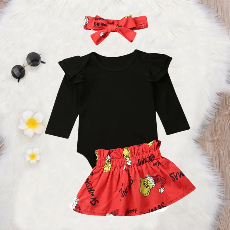 Детский костюм из трех предметов черный хлопковый топ + юбка с принтом красный
