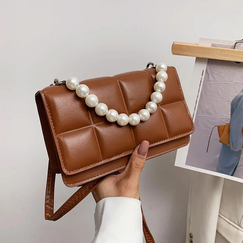 

Женская сумка, новинка 2021, сумка на плечо с жемчужной цепочкой, модные дизайнерские сумки через плечо для женщин, клетчатая сумка, женская су...