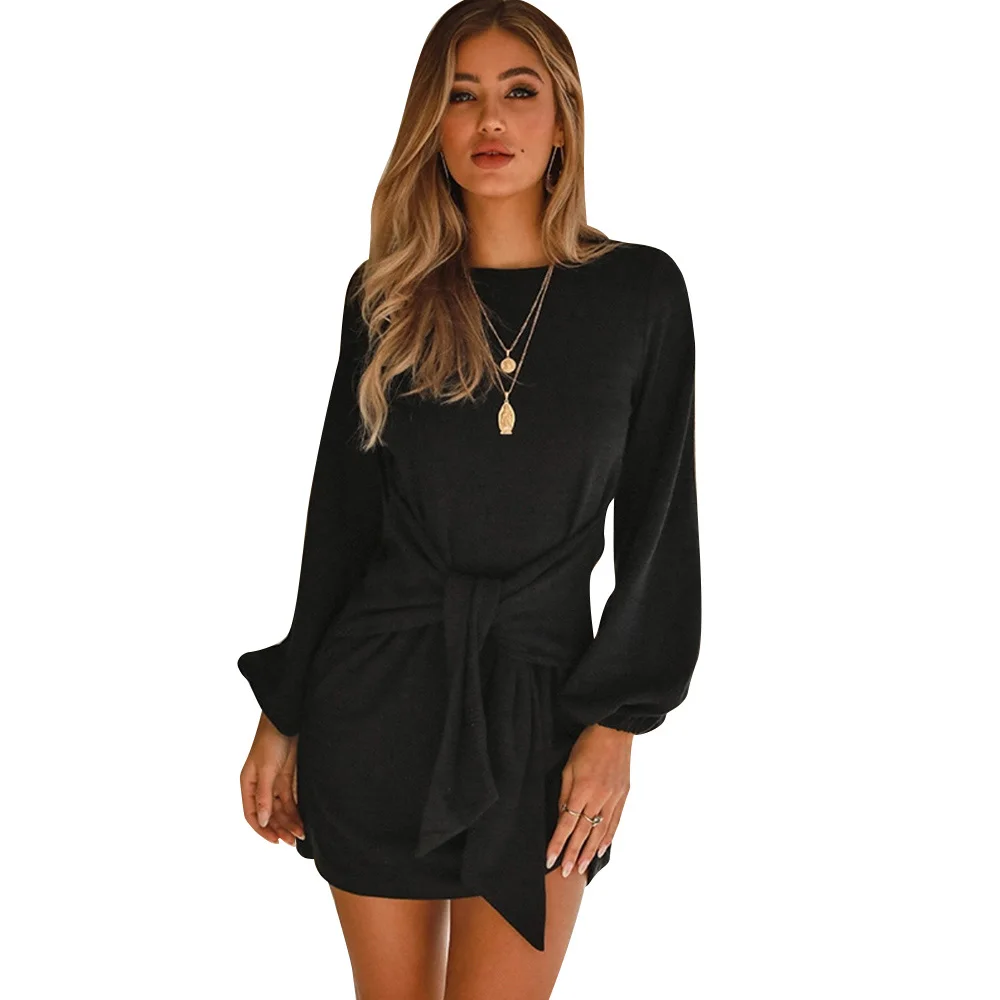 Платье женское осенне-зимнее однотонное с круглым вырезом и длинным рукавом |