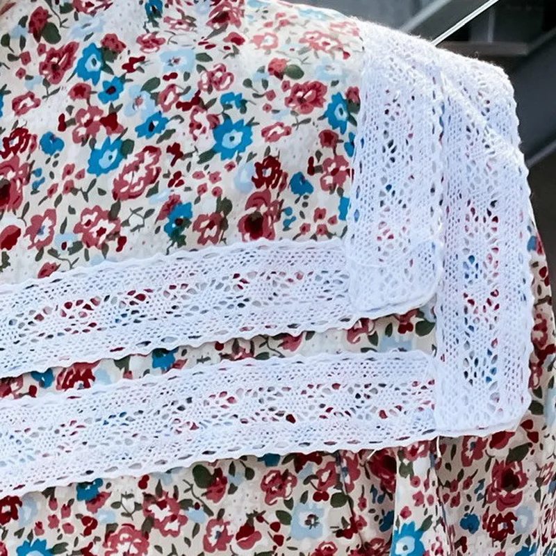 

Loose Short-Sleeved Shirt Double-Collar Lace Stitching Doll Collar Shirt Single-Breasted Pearl Floral Printed Shirt Female Top