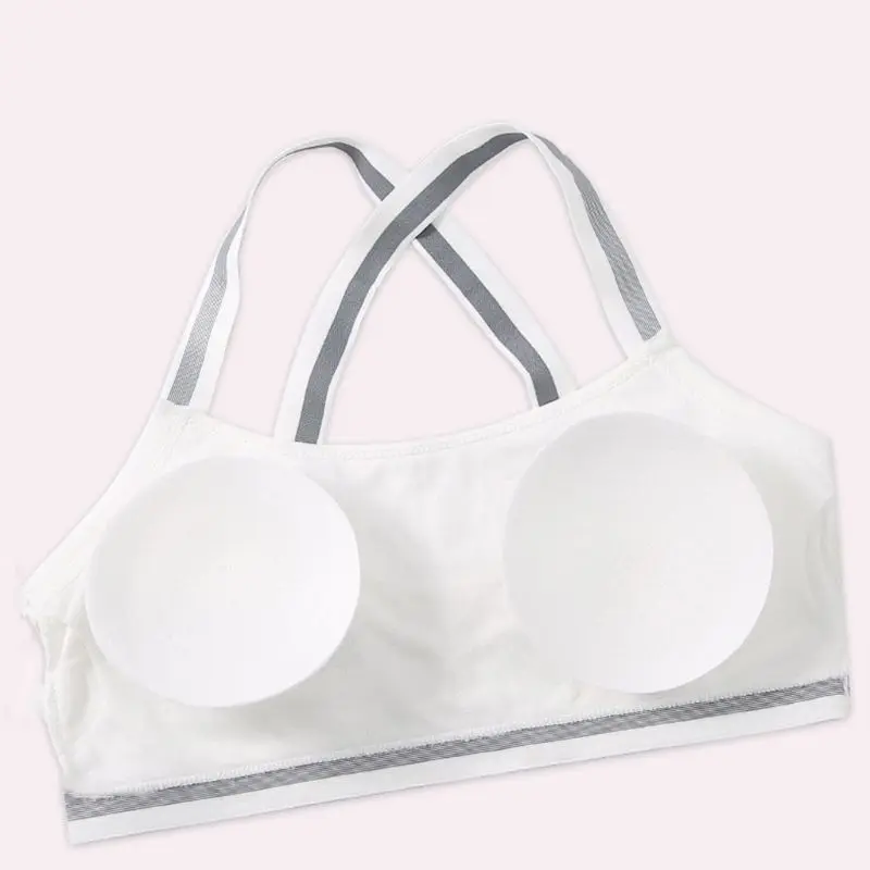 

Teenage Girl Stripes Criss Cross Straps Sports Bra Wireless Ribbed Knit Cotton Underwear Padded Stretch Seamless Bralette 8-12T