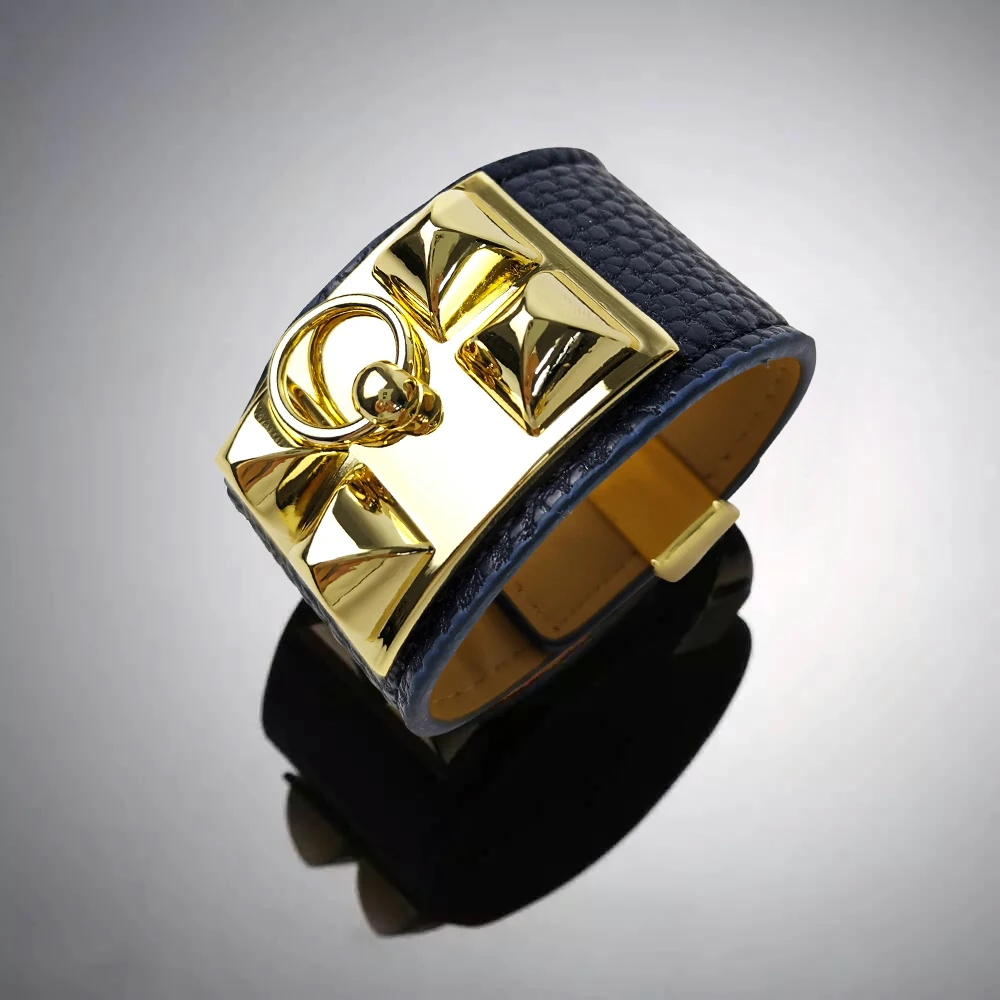 

Punk Style Stainless Steel Rivets Black Brown Cowhide Genuine Leather Bracelet Silver Bangle For Women FashionJewelry