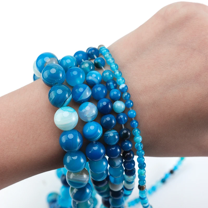 

Xinyao Natural Stone Beads Polished Blue Stripes Agates Stone Beads Diy Spacer loose Beads for Jewelry Making bracelet