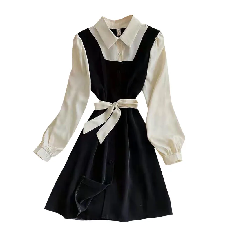 

New style French retro stitching shirt fake two piece dress