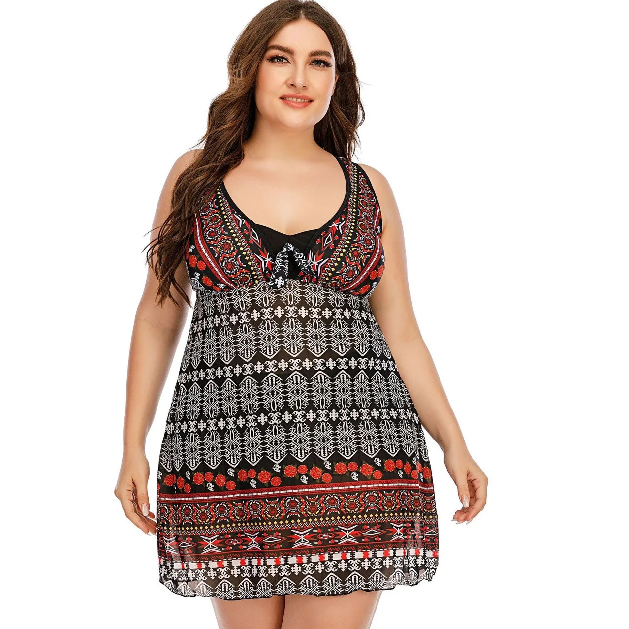 

2021 New Bikini Woman Swimsuit Plus Size Retro Printing Conservative Split High Waist