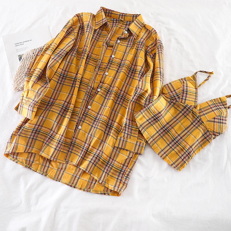 Gaganight/винтажная клетчатая рубашка с длинными рукавами Camis Женский комплект из
