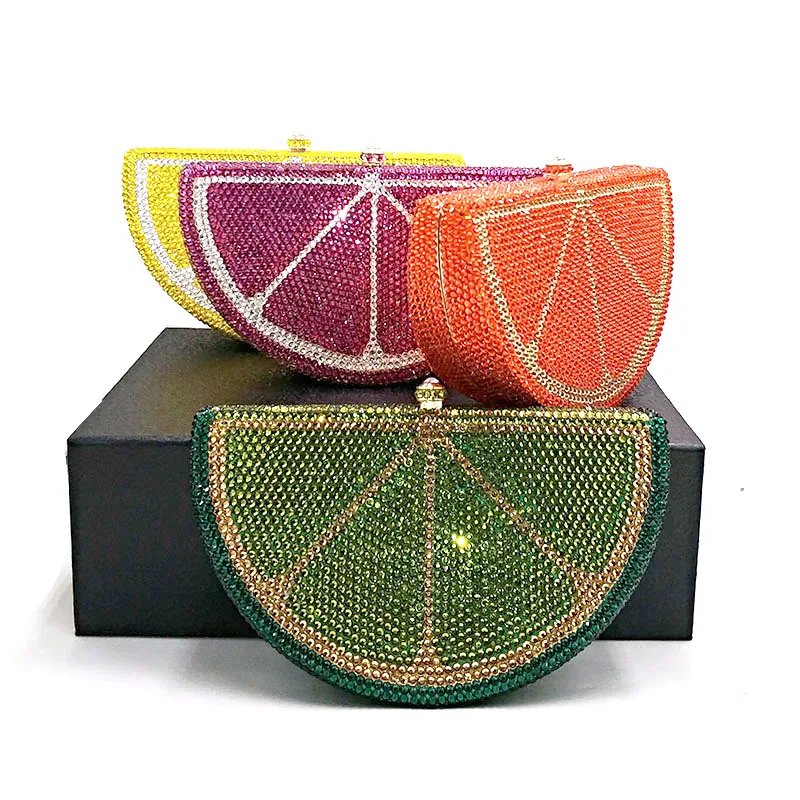 

Bridal wedding party purses women evening party diamonds fruit lemon orange fruit slice crystal clutches full crystal purses