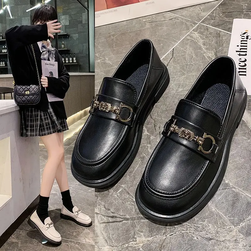 

Spring Shallow Mouth Square Heel Round Toe Women's Loafers Black Loafers 2021 New Classic Casual Work Shoes