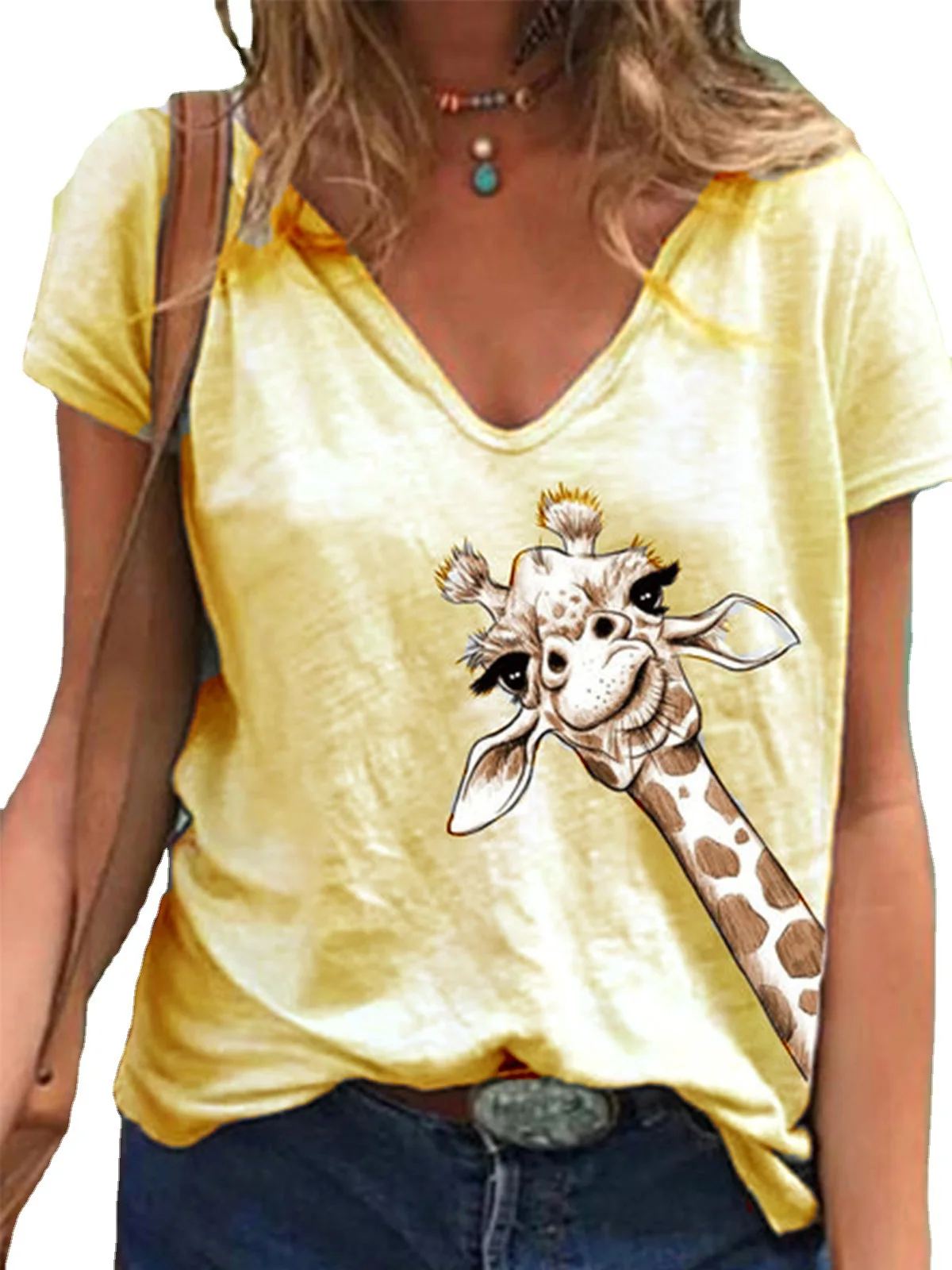 

Women's T-Shirt 2021 Summer New Fashion Casual Animal Printed V-Neck Female Clothing Plus Size Tops Office Lady Cute Women Top