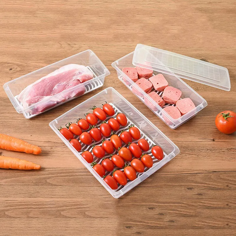 

1pc Food Drain Storage Container Plastic Rectangle Fridge Drain Organizer Box Vegetable Fruit Meat Keep Fresh Sealed Case