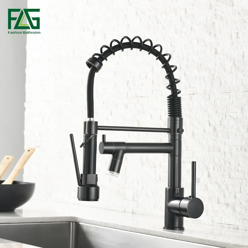 Светодиодный кухонный смеситель FLG пружинный Выдвижной латунный кран черного