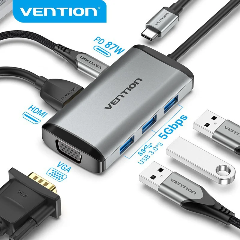

Vention Type-C HUB Dock USB C to VGA with 4K 1080P HDMI USB3.0*3 5Gbps Docking Station Adapter 87W PD Charging Port for MacBook