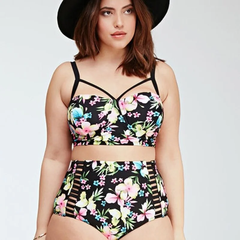 

Plus Size Women Bikini Set Summer Floral Padded High Waist Bathing Suit Swimwear