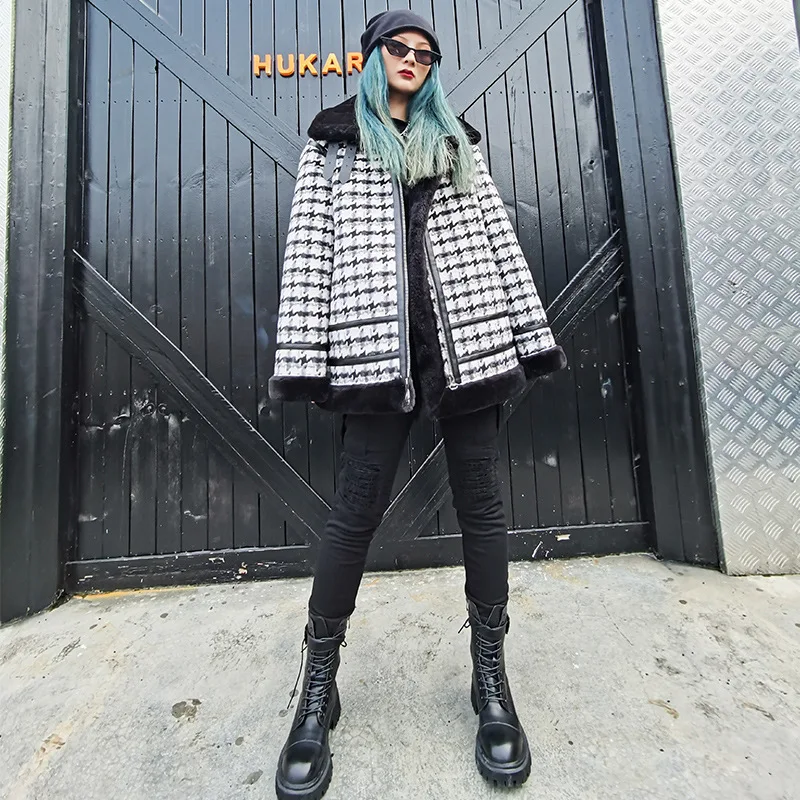

Woolen coat women 2020 new houndstooth woolen composite plush thickening mid-length winter motorcycle jacket women