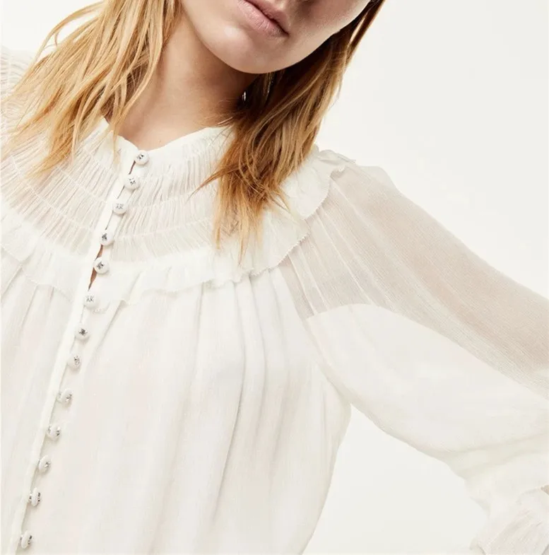 

Women Single-Breasted Pleated Shirt Ladies 2021 New Spring Summer Lantern Sleeve Micro See-throught Blouse Ruffles Tirm Tops