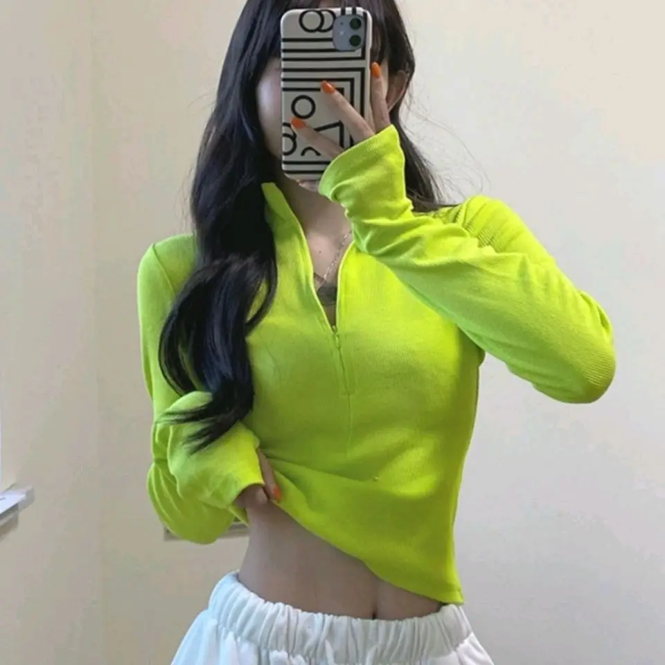

Female Tight-fitting High Waist Ins Jazzdancing Neon Green Crop Tops T-shirt Ladies Casual Zipper Turtleneck Tees Street Wear