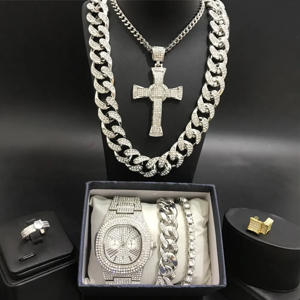 Роскошные мужские часы серебристого цвета в стиле хип хоп ожерелье и кольцо