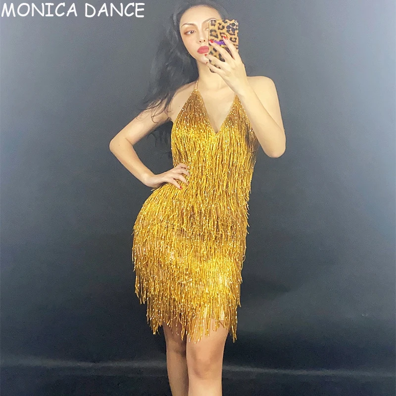

Sexy Stage Nightclub Gold Fringe Backless Spandex Short Dress Bar Prom Women Dancer DS Singer Outfit Birthday Celebrate Dress