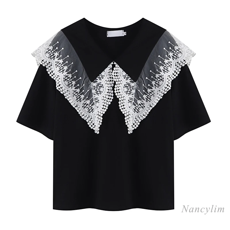 Lace Mesh Patchwork Peter Pan Collar Short Sleeve T Shirt Women's Tops 2021 Summer Clothing New Loose Ladies Tees Ropa Mujer