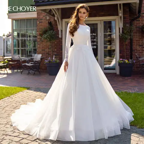 Wedding Dress Elegant Beaded Appliques A-Line Fashion O-Neck Long Sleeve Bride Gown 2023 BECHOYER SN23 Princess Vestido De Noiva