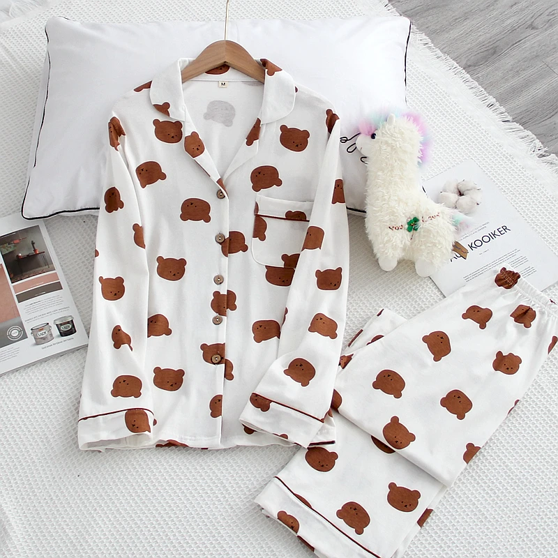 

Japanese style new spring and autumn couple cotton long-sleeved trousers pajamas suit female four seasons home service suit men