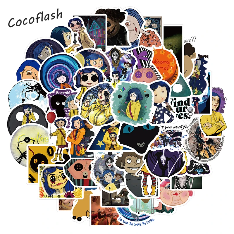 Calcoman&iacute;as de dibujos animados de pel&iacute;cula Coraline & The Secret Door, conjunto de 10/50 unids/set, pegatinas para equipaje, funda para rat&oacute;n, monopat&iacute;n, port&aacute;til-0