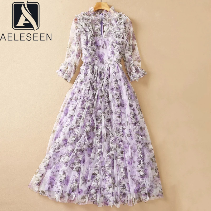 

AELESEEN Bohemian Women Dress Luxury Fashion Long Sleev Hollow Out Purple Floral Print 3D Appliques Ruffles Elegant Party Dress