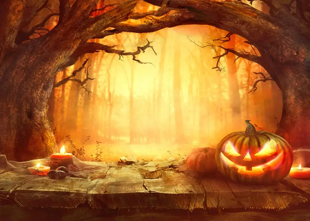 

Halloween Theme Photography Backdrop Horror Night Pumpkin Lamps Old Tree Branch Scary forest background studio props