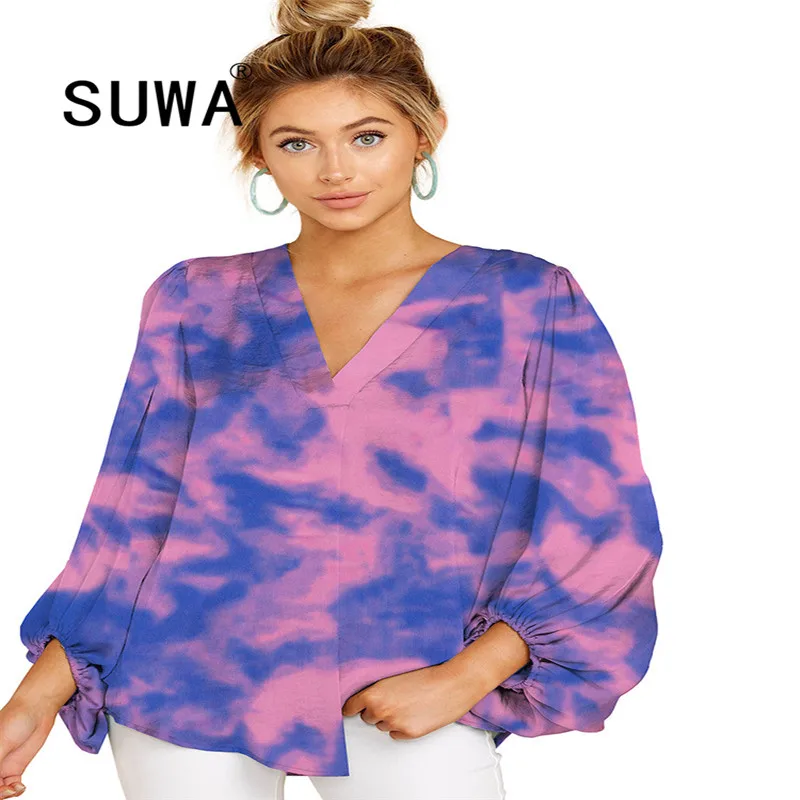 

high quality chic tie dye t-shirt womens streetwear 2020 new fashion deep v neck long sleeve oversize top tunic spring clothes