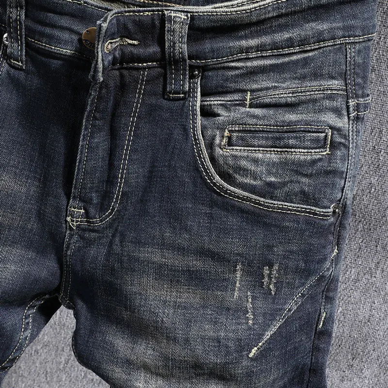 European Street Fashion Men Jeans Retro Distressed Washed Slim Fit Ripped Jeans Men Spliced Designer Hip Hop Denim Punk Pants