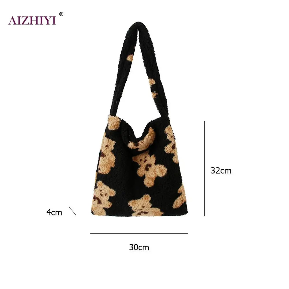 

Fashion Plush Underarm Bags Women Cartoon Bear Print Ladies Handbags Portable Large Capacity Shoulder Top-handle Female Totes