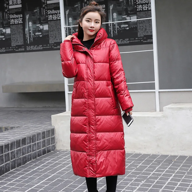 

Long section bright winter ladies down jacket Korean version of solid color hooded white duck