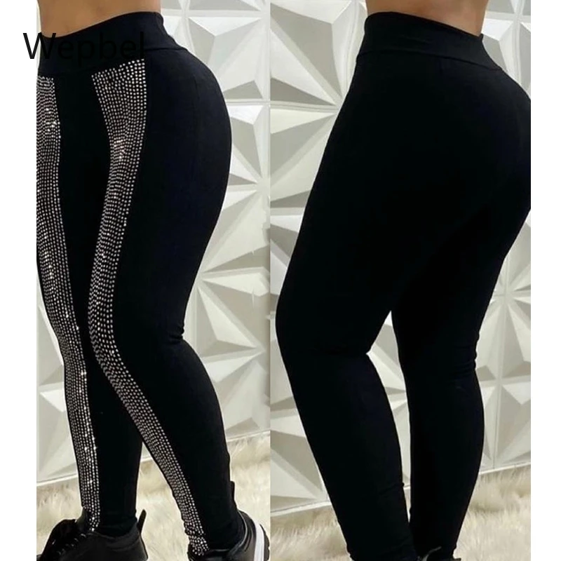 

Wepbel Rhinestone Trousers Streetwear Skinny New Women Yoga Pants High Waist Black Fashion Casual Summer Pencil Pants