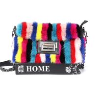autumn and winter new fashion real fur handbags colorful striped mink fur bag mink fur bag hand carrying one shoulder satchel
