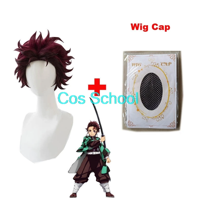 Tanjirou Cos School Demon Slayer Kimetsu no Yaiba Nezuko Tanjirou Kamado, парики Zenitsu Agatsuma для косплея, аниме, парик+ шапки - Цвет: Tanjirou
