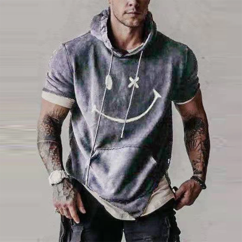 

Fashion Loose Summer Short Sleeve Hoodies Male Casual Drawstring Harajuku Pullover Tops Mens Vintage Solid Hooded Sweatshirt 3XL