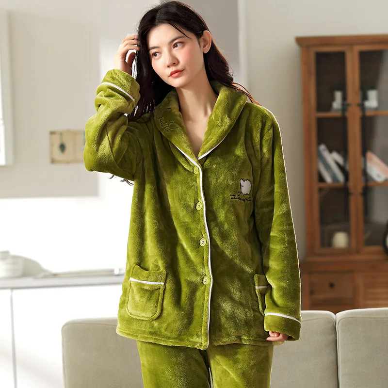 Pajamas Woman Winter Embroidered Pajamas Home Wear Long-sleeved Trousers Suit Home Clothes for Women Chemise De Nuit Femme